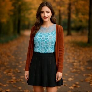 Free People FP knit navy blue skirt mini striped sparkly metallic fun flare sz L